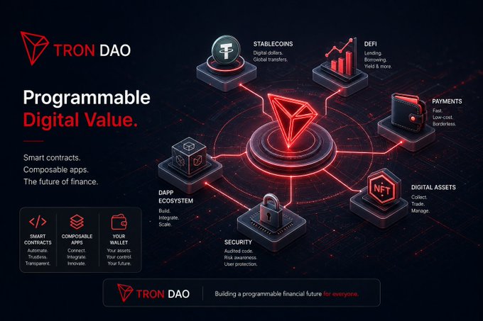 A Tron DAO promotional graphic titled "Programmable Digital Value." describing smart contracts, composable apps, and the future of finance, with features including Stablecoins, DeFi, Payments, NFT Digital Assets, Security, and DApp Ecosystem.