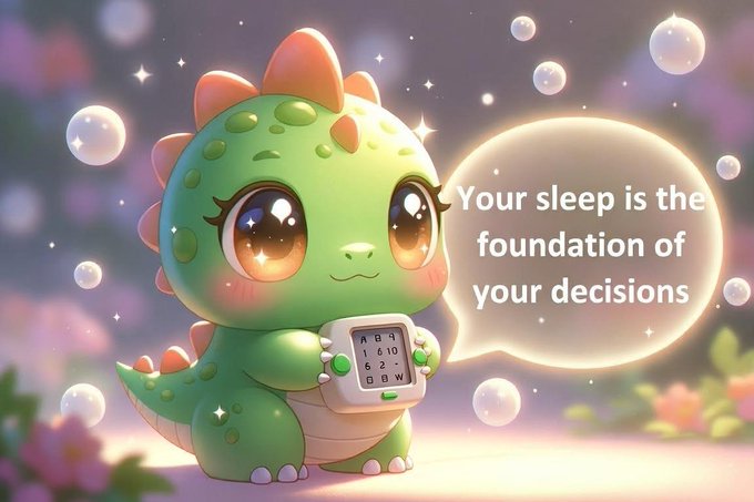Adorable green cartoon dinosaur character holding a small keypad device, with a speech bubble reading 'Your sleep is the foundation of your decisions' against a sparkly pastel background.