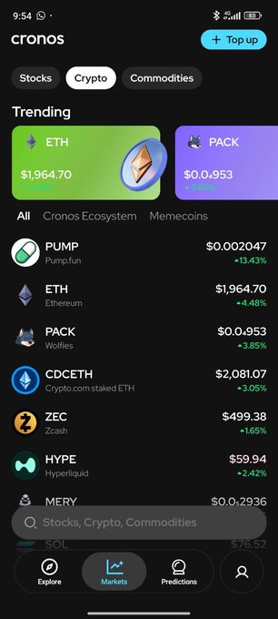 A screenshot of the Cronos app's crypto markets page shows a trending section featuring ETH ($1,964.70, +4.48%) and PACK ($0.953, +3.85%), followed by a list including PUMP, CDCEth, ZEC, HYPE, and MERY, illustrating the app's clean and intuitive interface mentioned in the post.