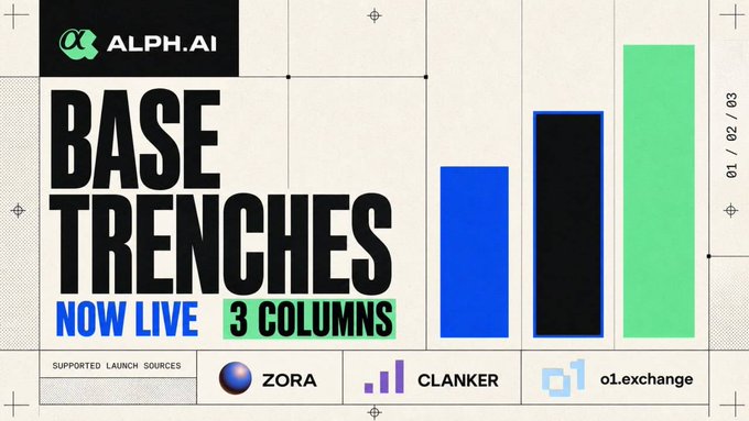 A promotional graphic for 'ALPH.AI' featuring the text 'BASE TRENCHES NOW LIVE 3 COLUMNS' alongside three bar charts in blue, black, and green, listing supported launch sources: ZORA, CLANKER, and o1exchange.