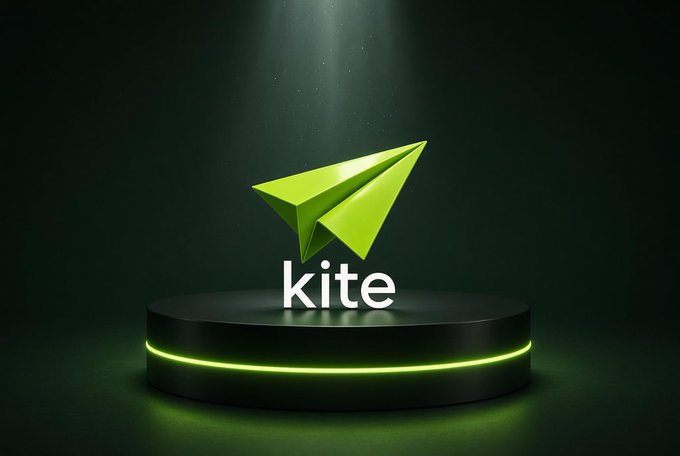A 3D-rendered green paper airplane logo with the word 'kite' displayed on a black circular pedestal with a glowing green rim.