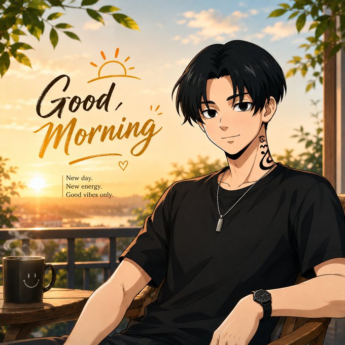 An anime-style illustration of a young man with black hair in a black t-shirt sitting on a balcony at sunrise, accompanied by a smiling coffee mug and the text 'Good Morning', 'New day.', 'New energy.', and 'Good vibes only.'