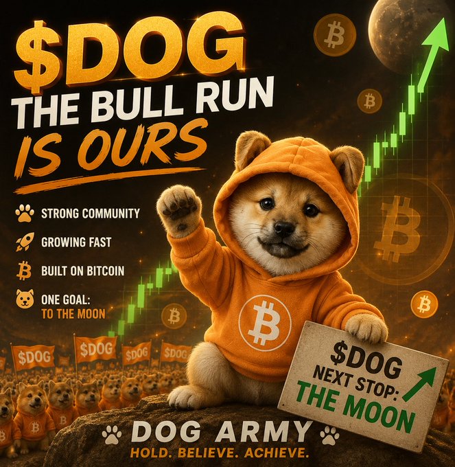 A promotional cryptocurrency poster featuring a Shiba Inu dog in a Bitcoin hoodie, with text '$DOG THE BULL RUN IS OURS' and 'DOG ARMY: HOLD. BELIEVE. ACHIEVE.'