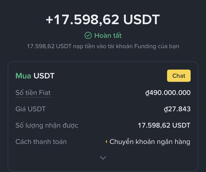 A cryptocurrency purchase confirmation screen showing '+17,598,62 USDT' deposited successfully, with details including Fiat amount of đ490,000,000, USDT price of đ27,843, and bank transfer payment method.