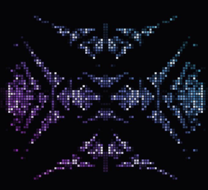 A pixel art design on a black background uses blue, white, and purple squares to create a symmetrical, mandala-like pattern.