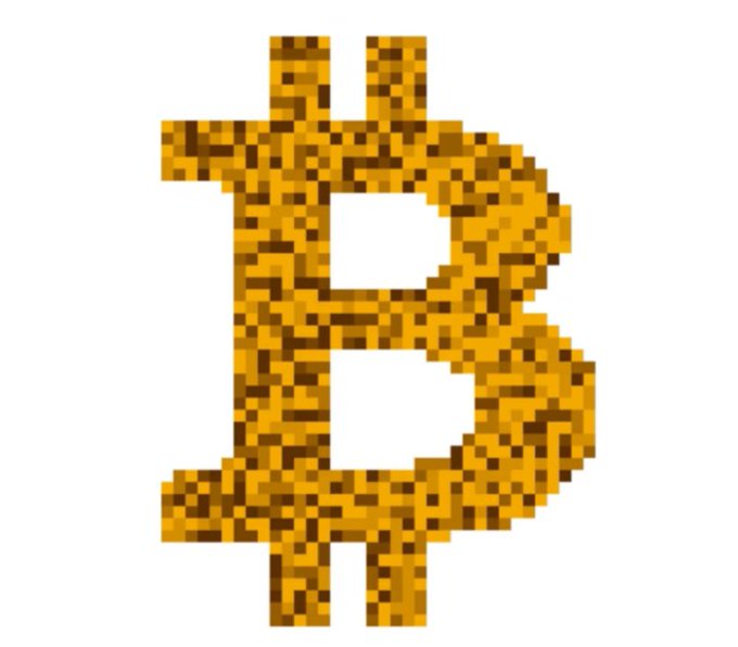 A pixelated, Minecraft-style rendering of the Bitcoin 'B' symbol in golden-brown tones on a white background.