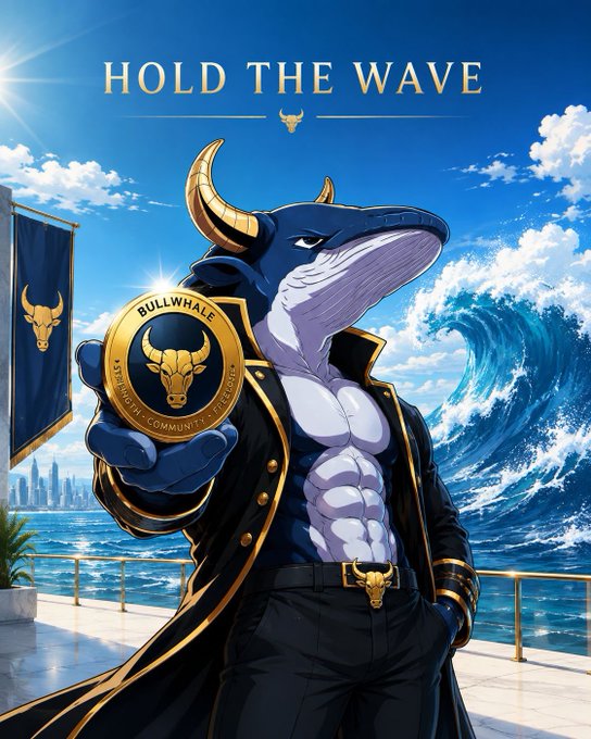 The image shows an anime-style anthropomorphic blue whale with golden horns, wearing an elegant black coat and holding a gold coin featuring a bull skull emblem inscribed with "BULLWHALE," alongside text reading "HOLD THE WAVE" at the top and a bull-skull banner displayed on the left side. This visual ties directly to the post's message of resisting the "whale" sell-off and embracing bullish momentum for the $BULLWHALE token's anticipated 10000% surge.