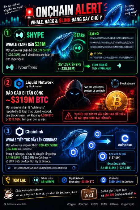 An 'ONCHAIN ALERT' infographic in Vietnamese about crypto whale activity, detailing a $31M SHYPE stake on Hyperliquid, $319M BTC reported by Liquid Network (Blockstream), and $26M LINK deposited to Coinbase, signed by 'AKI'.
