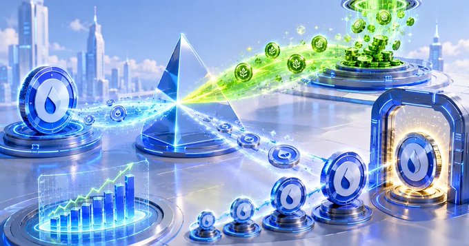 A futuristic digital illustration showing blue water droplets, green dollar sign coins, a pyramid, and a bar graph with a city skyline background.