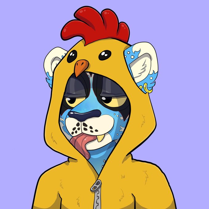 A digital illustration of a character wearing a yellow chicken costume with a red comb, featuring a blue face with a dog-like appearance and a tongue sticking out, against a purple background.