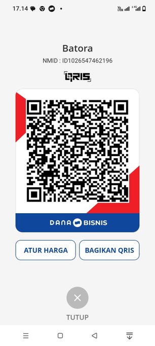 A mobile phone screenshot displaying an Indonesian DANA Bisnis QRIS payment code for 'Batora' with NMID: ID1026547462196, featuring buttons labeled 'ATUR HARGA' and 'BAGIKAN QRIS'.