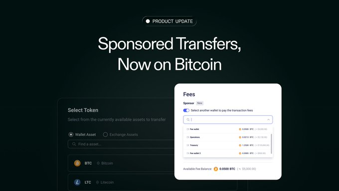 A product update graphic titled “Sponsored Transfers, Now on Bitcoin” shows a wallet interface and a “Fees” panel listing token transfers and BTC fees.
