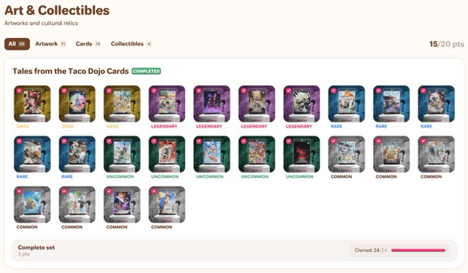 A screenshot of an "Art & Collectibles" page showing a completed "Tales from the Taco Dojo Cards" collection with cards categorized as Legendary, Rare, Uncommon, and Common, earning 5 points.