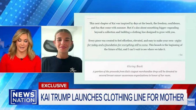 NewsNation exclusive interview clip showing a female anchor and Kai Trump, with on-screen text reading 'KAI TRUMP LAUNCHES CLOTHING LINE FOR MOTHER' alongside a statement from Kai about launching a clothing line inspired by summer, with proceeds going to breast cancer awareness.