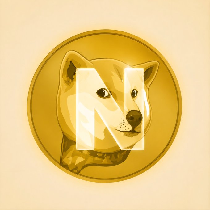 A gold-colored coin featuring a Shiba Inu dog illustration with a large translucent white letter "N" overlaid on its face.