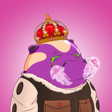 A cartoon purple frog character wearing a jeweled red and gold crown, with green eyes crying glowing tears, dressed in a fur-collared jacket against a pink background.