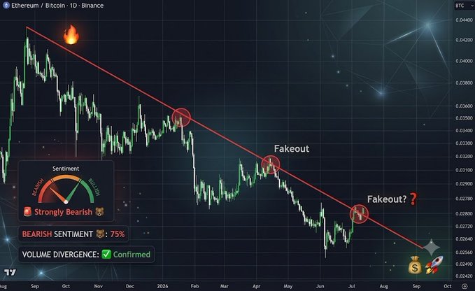 A daily Ethereum/Bitcoin (ETH/BTC) chart on Binance shows the pair pressing against a descending trendline with two prior "Fakeout" breakouts circled in red, while a sentiment gauge displays "Strongly Bearish" at 75% bearish with confirmed volume divergence, foreshadowing a potential trendline breakout and capital rotation from Bitcoin into Ethereum.
