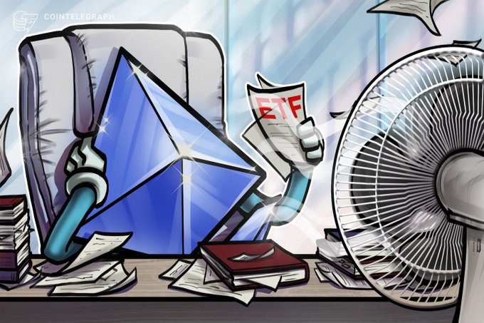 A Cointelegraph cartoon depicting an anthropomorphized Ethereum diamond character relaxing in a chair in front of a fan, holding a document labeled 'ETF', with scattered books and papers around.