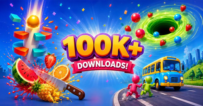 The image features a colorful poster for a mobile game that has crossed 100K+ downloads, with various fruits such as bananas, oranges, and apples depicted around the game's theme. The poster also includes a blue bus and a green hole, adding to the overall visual appeal of the advertisement. The text on the poster reads "100K+ Downloads", indicating the popularity of the game among players.