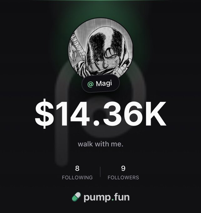 The image shows a Pump.fun profile for "@Magi" featuring an anime-style avatar and a portfolio value of "$14.36K," with 9 followers. It aligns with the post's announcement of using the platform to share early conviction trades on Solana with zero fees, encouraging followers to join the account as it aims to climb the leaderboard.