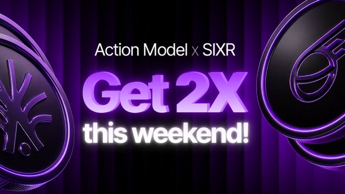 A purple promotional banner reading 'Action Model x SIXR - Get 2X this weekend!' with decorative coin graphics.