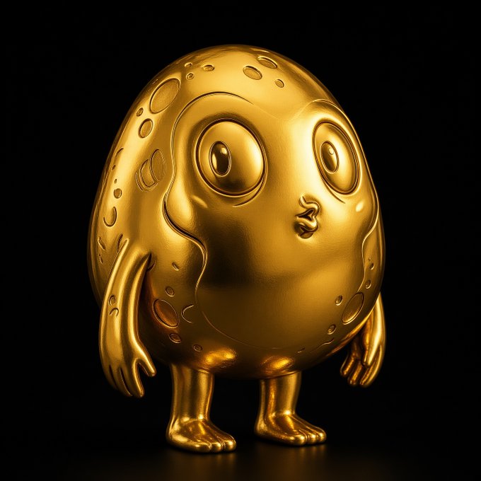 A golden metallic figurine with an egg-shaped body, large expressive eyes, and small stubby limbs stands against a solid black background, featuring dimpled texture and a small pursed mouth.