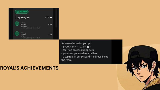 The image showcases "ROYAL'S ACHIEVEMENTS" with a screenshot of a winning 2 Leg Parlay Bet featuring odds of 1.77, 1.47 (Over 2.5 Total Over), and 1.21 (Senegal To Win), alongside details about a paid creator gig offering $100, beta access, a personal referral link, and a Discord role, accompanied by an anime-style character. This visually highlights the poster's recent wins—both in sports betting and securing their first paid creator opportunity—reinforcing the message of documenting early career milestones.