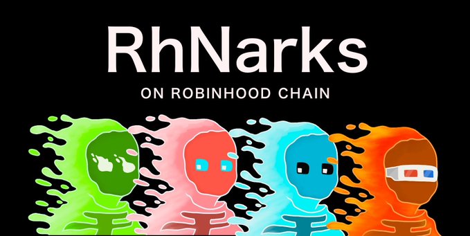 Promotional graphic for 'RhNarks ON ROBINHOOD CHAIN' featuring colorful melting skeleton-style characters in green, pink, blue, and orange.
