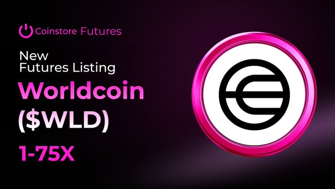 The image features a pink circle with a white logo that reads "WLD" inside of it. The text below the logo states that "World Coin (WLD) is coming to Coinstore Coinstore will list WLD/USDT Futures today at 17:00 (GMT+8), with leverage of up to 75x." This suggests that there might be a new listing for World Coin Futures on Coinstore.