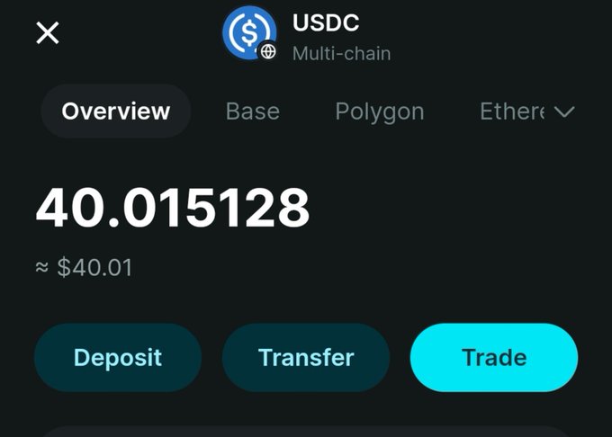A dark-themed cryptocurrency wallet interface showing USDC (Multi-chain) with a balance of 40.015128 (~$40.01) and buttons for Deposit, Transfer, and Trade across networks including Base, Polygon, and Ethereum.