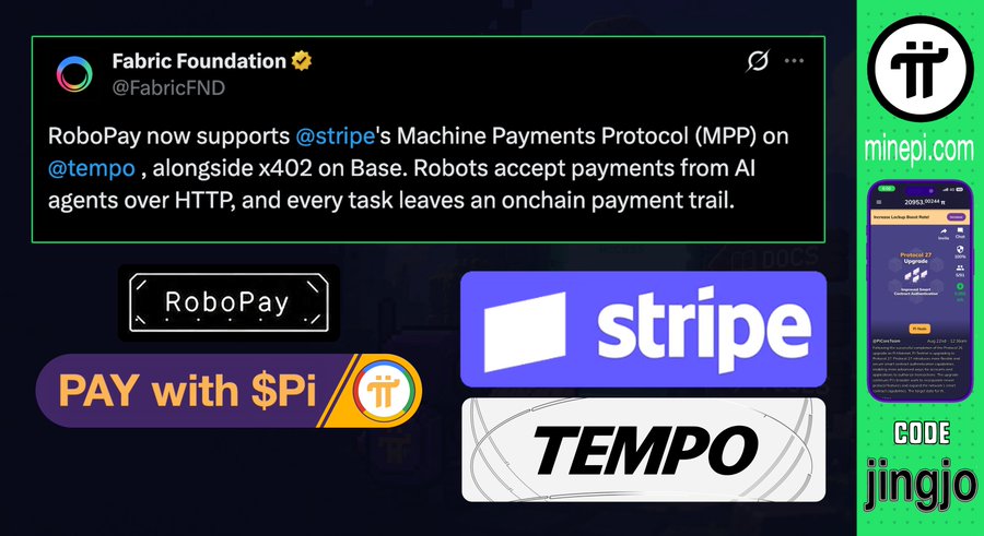 A promotional graphic for Fabric Foundation announcing RoboPay's support for Stripe's Machine Payments Protocol on Tempo and x402 on Base, featuring logos for RoboPay, Stripe, Tempo, and a 'Pay with $Pi' badge with minepi.com and code 'jingjo'.