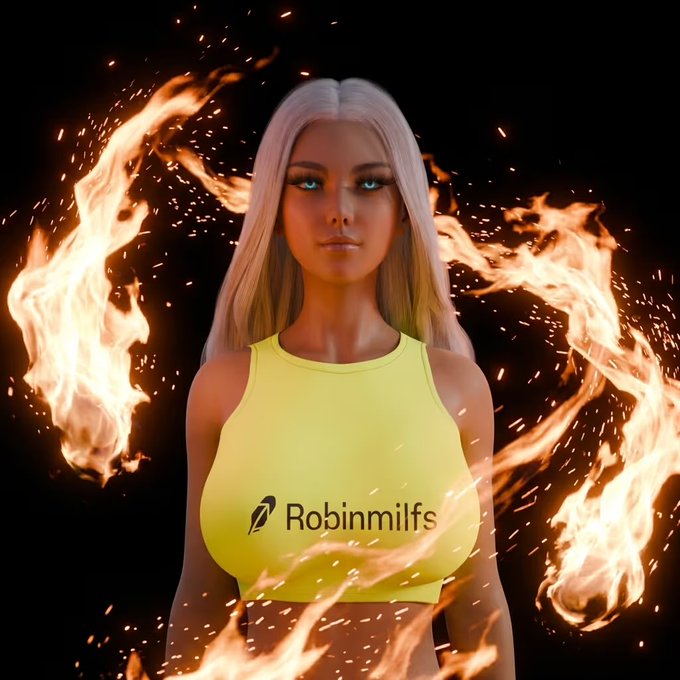 A digitally rendered image of a blonde woman in a yellow tank top with the "Robinmilfs" logo, surrounded by flames and sparks against a dark background.