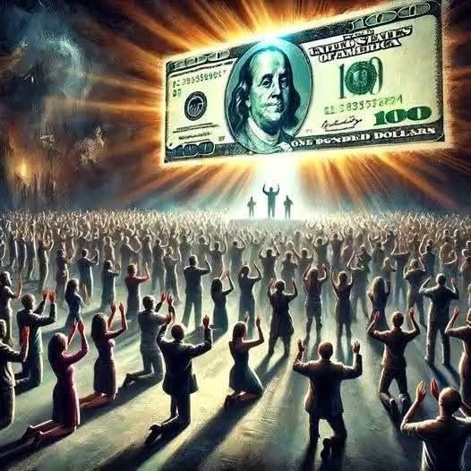 AI-generated artwork depicting a crowd of people worshipping a giant floating $100 bill featuring Benjamin Franklin, with bright light rays emanating from behind it.