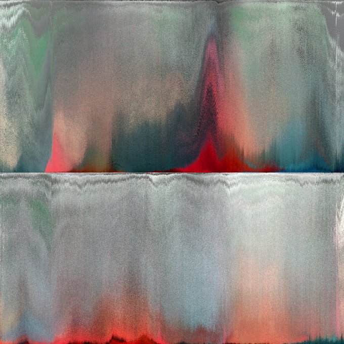 An abstract textured image with a metallic, iridescent surface in green, pink, and red tones, divided into two horizontal sections with a foil-like crinkled appearance.
