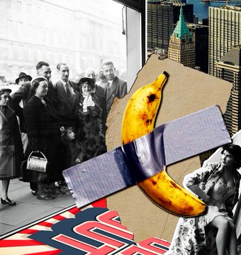 A collage featuring a black-and-white photo of a vintage group of people, a woman's portrait in vintage attire, and a torn cardboard shape resembling a banana taped together with purple fabric, set against a backdrop of modern skyscrapers and a British Union Jack with "LFG" text. The surreal, cut-and-paste aesthetic complements the playful NFT celebration post about reuniting a piece with a friend from the "Rodeo days," with the banana imagery suggesting the NFT artwork being shared.