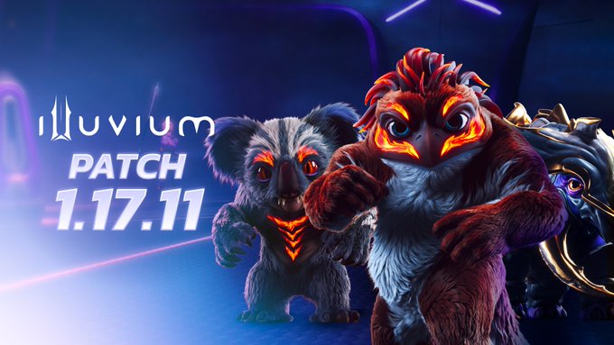 The image promotes the Illuvium Patch 1.17.11 update, featuring two fierce-looking lynx-like creatures with glowing red accents, set against a futuristic blue background. The promotional graphic visually aligns with the post's announcement of Stage 3 Lynx upgrades and weapon buffs in the latest Arena update.