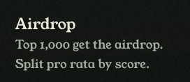 A black screen displays white text reading: "Airdrop - Top 1,000 get the airdrop. Split pro rata by score."