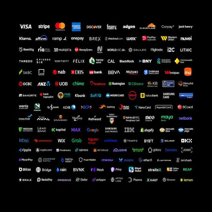 The image displays a collection of company logos, including prominent financial and cryptocurrency exchanges like Visa, Stripe, Mastercard, Coinbase, OKX, Bybit, Bitget, and Binance, alongside banks and fintech firms, representing the consortium of institutions backing the $OUSD stablecoin project. The post notes that while Chinese-affiliated exchanges OKX, Bybit, and Bitget are part of the group, Binance is conspicuously absent from the lineup of logos shown.