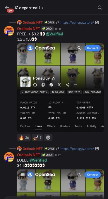 The image shows a Telegram chat from the "degen-call" channel featuring a verified user sharing an Ordinals NFT collection called "PonsGuy" on OpenSea, with a floor price of 0.0013 ETH and a top offer of 0.0008 ETH, alongside calls of "FREE -> $3.2" and "LOLLL" on ORDI token.

The post "OrdinalsCook Call early discord You cook??" suggests the user is recruiting for an early call discord channel related to cooking up Ordinals NFT plays like the PonsGuy collection shown, inviting others to join before similar opportunities are widely shared.
