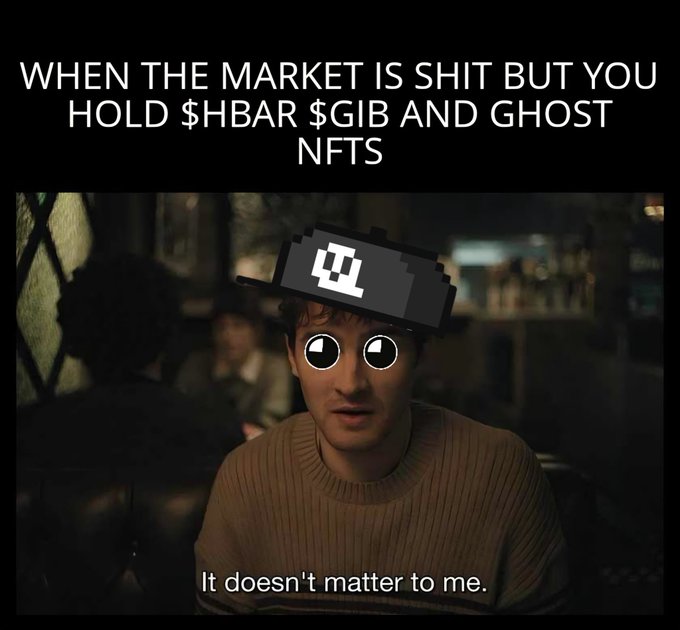 A meme featuring a man with googly eyes and a cartoon NFT-shaped hat edited onto his head, with the caption 'WHEN THE MARKET IS SHIT BUT YOU HOLD $HBAR $GIB AND GHOST NFTS' and a subtitle reading 'It doesn't matter to me.'