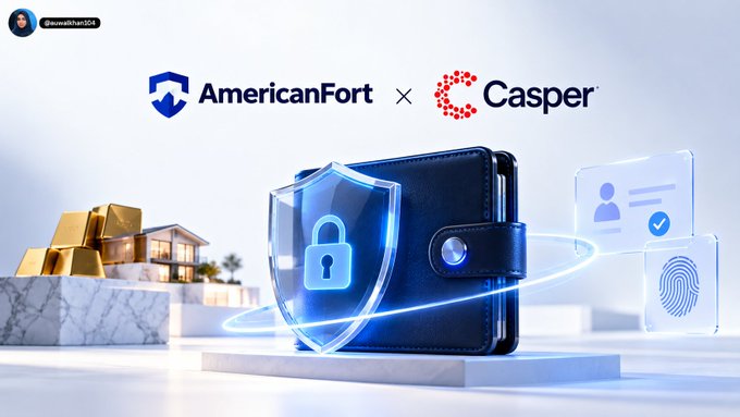 A promotional graphic for "AmericanFort × Casper" featuring a blue wallet, a security shield with a lock, gold bars, a house, and digital ID and fingerprint icons.