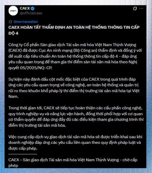 A screenshot of a CAEX Vietnamese announcement states that CAEX’s Vietnam-based digital asset trading company is temporarily holding applications for Level 4 digital asset market-trading technology testing, while continuing to cooperate with partners.