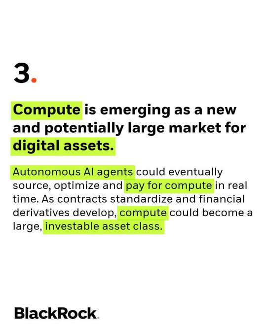 A BlackRock page numbered "3." stating "Compute is emerging as a new and potentially large market for digital assets," noting that autonomous AI agents could source, optimize, and pay for compute in real time, making compute an investable asset class. The image serves as the punchline to the post's joke about BlackRock publishing papers as a form of validation for emerging tech ideas.