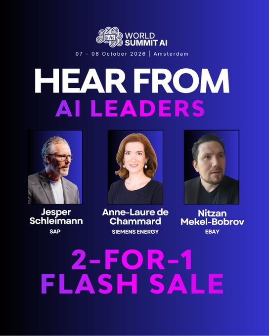 A promotional poster for the World Summit AI conference (07-08 October 2026, Amsterdam) announcing a '2-FOR-1 FLASH SALE' with featured speakers Jesper Schleimann (SAP), Anne-Laure de Chammard (Siemens Energy), and Nitzan Mekel-Bobrov (eBay).