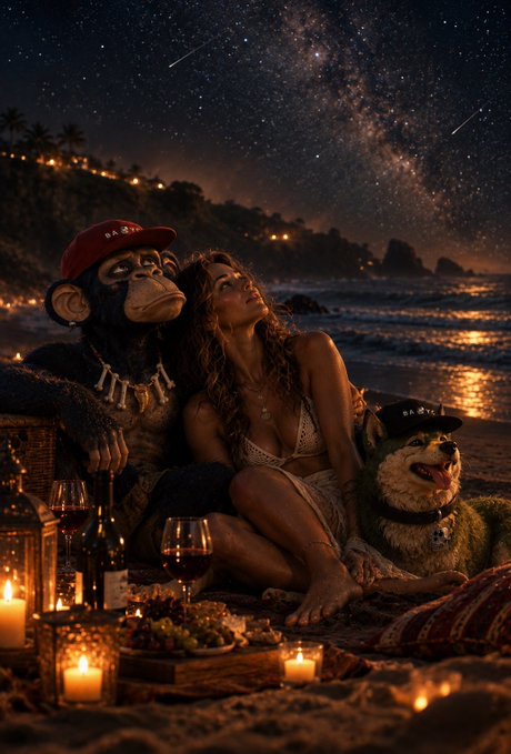 A woman sits on a beach at night under a starry sky with the Milky Way visible, flanked by a chimpanzee and a small furry creature, both wearing red and black caps, surrounded by candles, wine, and a picnic spread.
