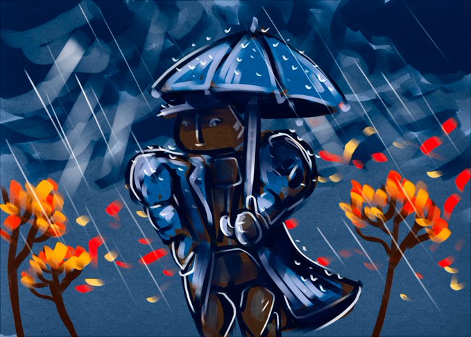 A stylized digital painting of a character in futuristic armor holding a large umbrella, standing in a stylized rain with red and orange flowers around them.