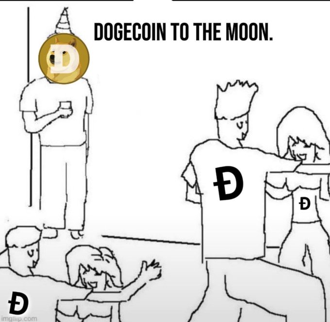 A Dogecoin-themed meme using the 'Party Doge' template, showing Doge characters in a party scene with the caption 'DOGECOIN TO THE MOON.', where one character has a literal Dogecoin coin for a head.