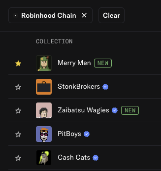 Mobile interface displaying a 'Robinhood Chain' search filter with a NFT collection list featuring items like 'Merry Men' (marked NEW), 'StonkBrokers', 'Zaibatsu Wagies' (NEW), 'PitBoys', and 'Cash Cats'.