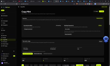 The image shows a MintDash dashboard displaying "CopyMint" — a section to create copy trading strategies by tracking and replicating the trades of selected wallets, with fields for selecting a wallet to copy, entering investment amounts, and a "Main wallet" stat showing $132. It relates to the post by demonstrating the new feature that lets users track specific wallets, the core capability highlighted in the announcement.