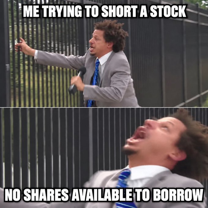 A two-panel meme features a man in a suit aggressively attacking a fence with a sledgehammer, captioned "ME TRYING TO SHORT A STOCK" on top, and then screaming in frustration with "NO SHARES AVAILABLE TO BORROW" on the bottom, humorously depicting the struggle of short-selling when shares are hard to borrow. The image cleverly mirrors the post's frustration about being bearish on a stock but unable to short it due to limited share availability.